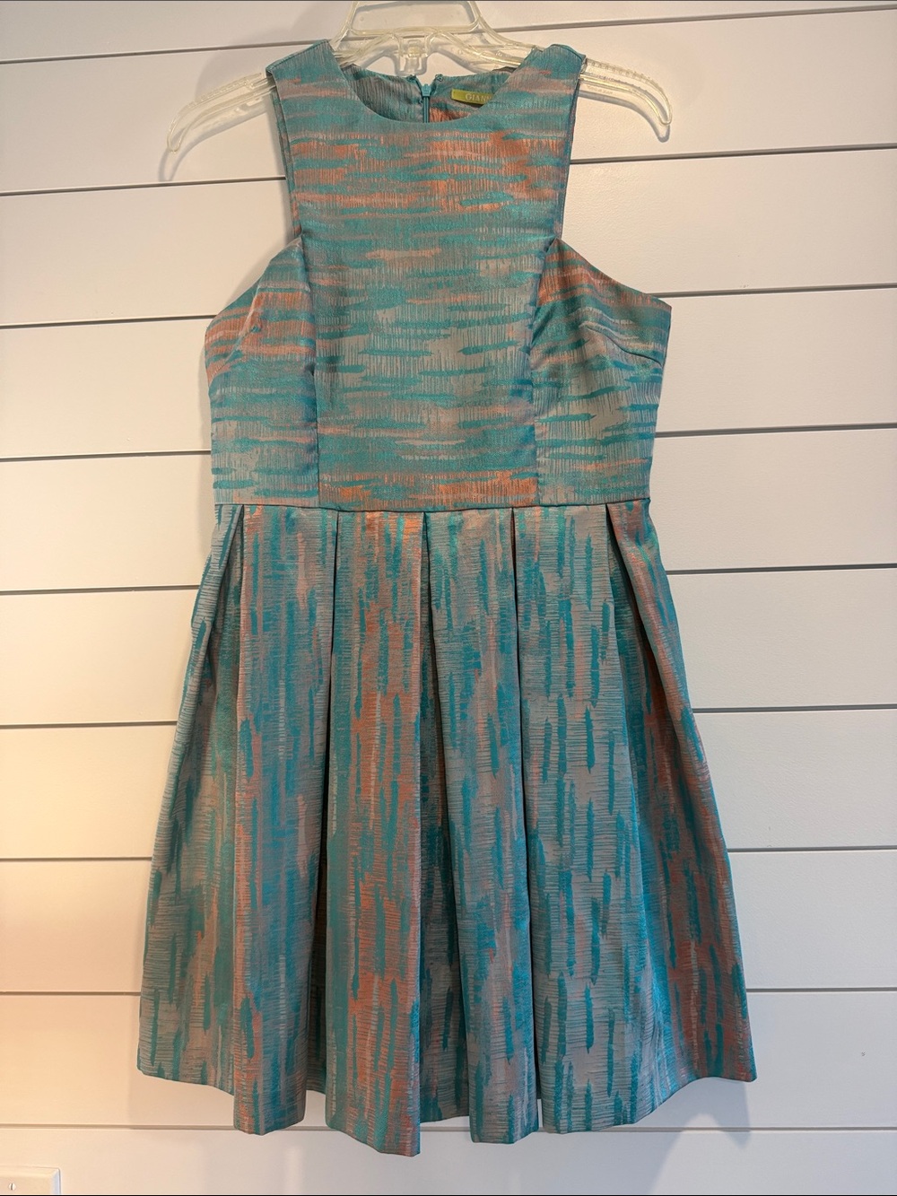 Gianni Bini Teal and Peach Metallic Jacquard Party Dress